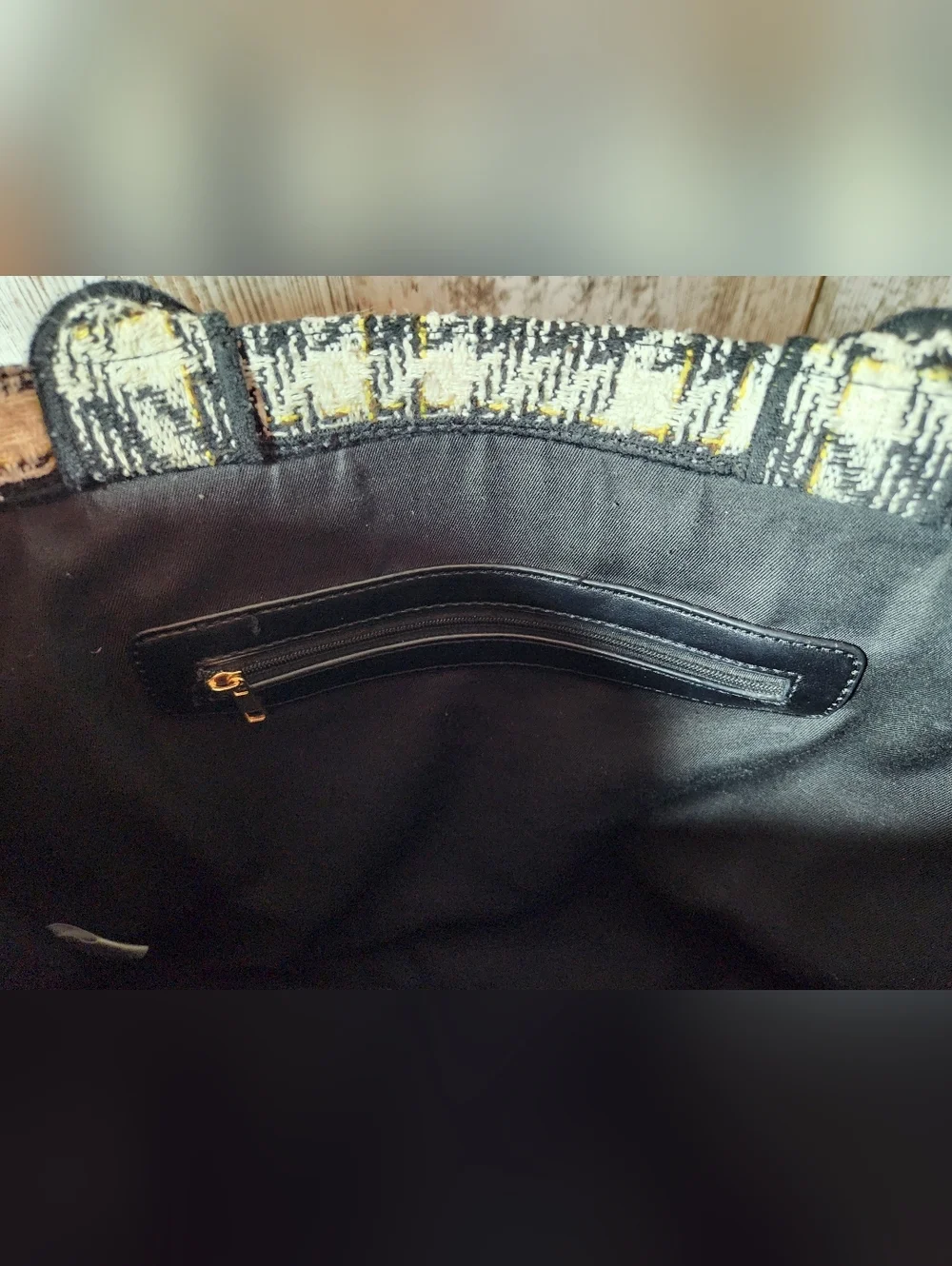 Black, Cream & Yellow Tweed Plaid Check Work Office Tote With Smiley Face